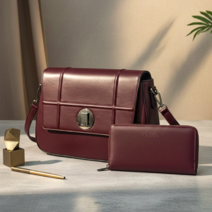 Elegant leather purse and wallet set with gold accents - Rich Espresso