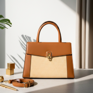 Elegant brown leather handbag with gold accents on modern desk - Tan