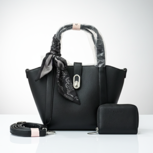 Elegant leather handbag with matching wallet and scarf - Stealth Black