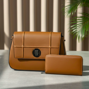 Elegant leather purse and wallet set with gold accents - Earthy Tan