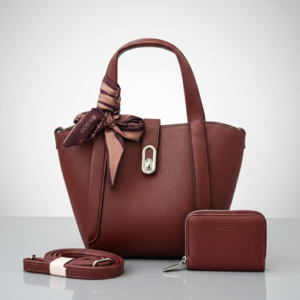 Elegant leather handbag with matching wallet and scarf - red wine