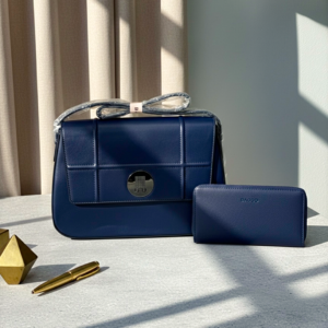 Elegant leather purse and wallet set with gold accents - Navy Blue