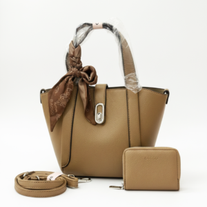 Elegant leather handbag with matching wallet and scarf - Rich coffee