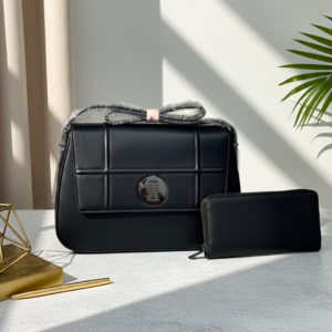 Elegant leather purse and wallet set with gold accents - Classic Onyx