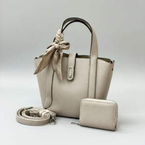 Elegant leather handbag with matching wallet and scarf - white chocolate