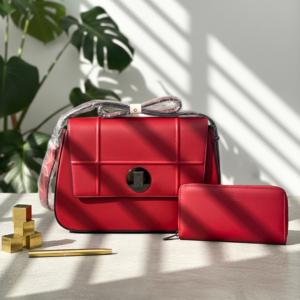 Elegant leather purse and wallet set with gold accents - Vibrant Red